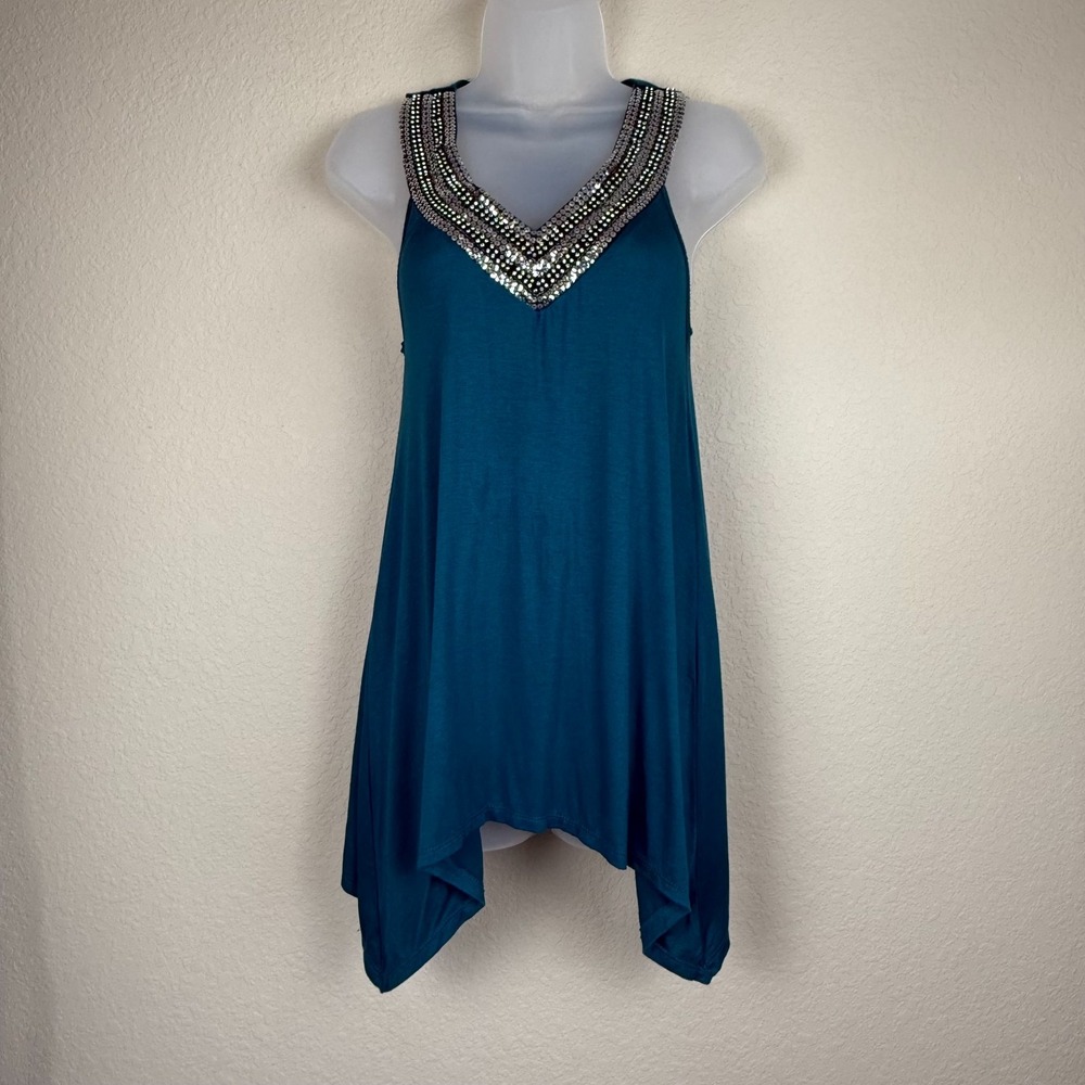 Vtg Y2K Wet Seal‎ Teal Tank Top Sequin V-Neck Asymmetrical Hem T-Back Sz L *read